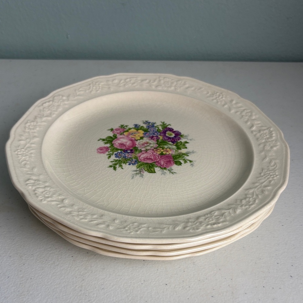 1942 Crown Potteries Co. Ivory Floral Embossed Dinner Plates Set of 5